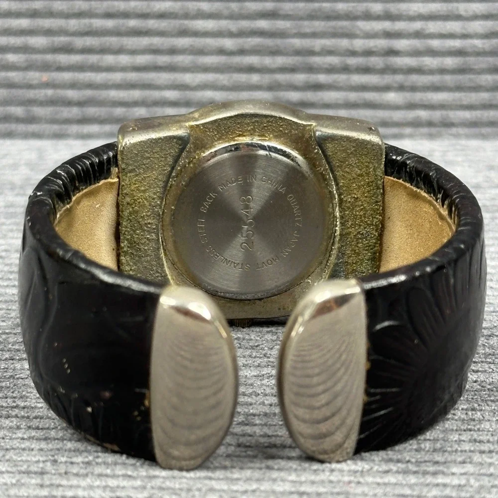 Sarah Coventry Black Embossed Cuff Watch Silver Tone Square 25548 Japan Movt vtg